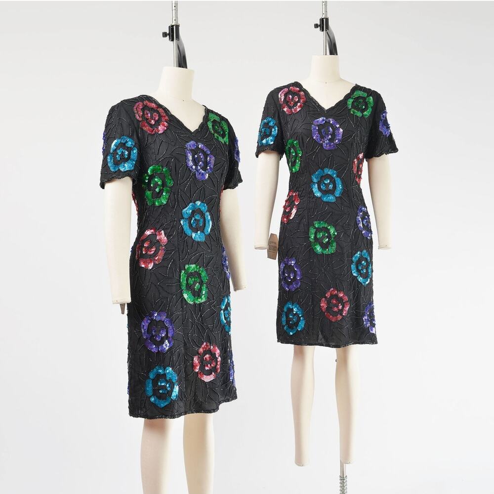Vintage 80s Black Floral Beaded Short Sleeve Sequin Silk Party Cocktail Dress M